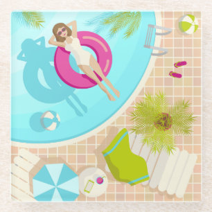 Dessous-de-verre En Verre Fille de piscine en bikini plage d'été