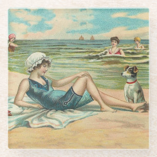 Dessous-de-verre En Verre Fille et chien victoriens vintage au bord de la me