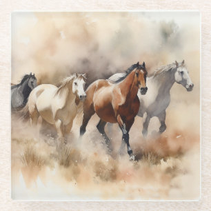 Dessous-de-verre En Verre "Five Gallopoping Mustangs" Dusty Western Watercol