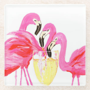 Dessous-de-verre En Verre Flamant rose  au Dessous de verre du vin blanc
