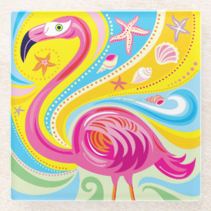 Dessous-de-verre En Verre Flamant rose avec étoile de mer