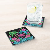 Dessous-de-verre En Verre Flamant rose de néon tropical (Incliné)