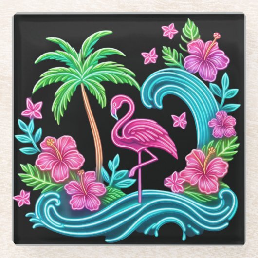 Dessous-de-verre En Verre Flamant rose de néon tropical (Devant)