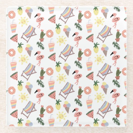 Dessous-de-verre En Verre Flamant rose d'été Doodles tirés à la main (Devant)