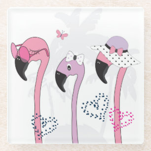 Dessous-de-verre En Verre Flamant rose d'été : Illustration Vintage de plage