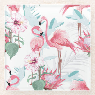 Dessous-de-verre En Verre Flamant rose Rose : Fleurs Exotiques Sans Couleur.