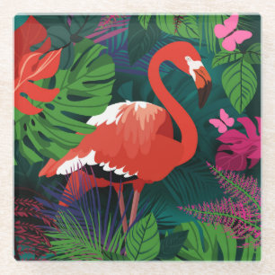 Dessous-de-verre En Verre Flamant rose rose : Harmonie des papillons tropica