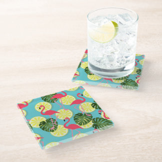 Dessous-de-verre En Verre Flamant rose rose tranche citron feuille tropicale