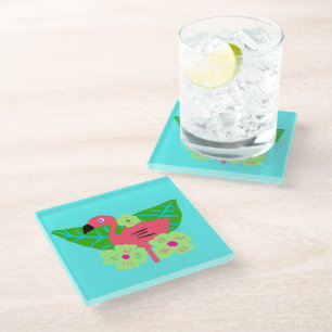 Dessous-de-verre En Verre Flamant rose tropical et fleurs