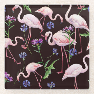 Dessous-de-verre En Verre Flamants roses et motif de fleurs sauvages à l'aqu