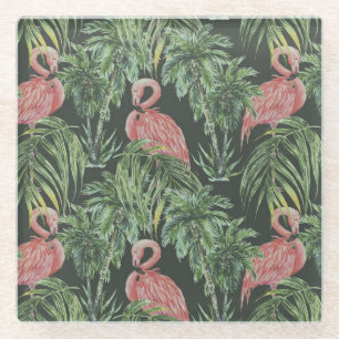 Dessous-de-verre En Verre Flamants roses, motif vintage tropical.
