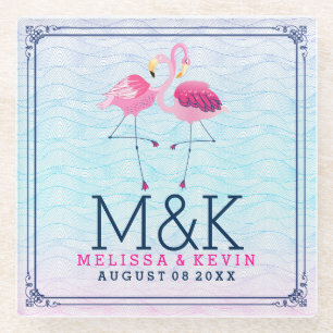 Dessous-de-verre En Verre Flamants roses roses et vagues de plage stylisées