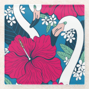 Dessous-de-verre En Verre Flamants roses tropicaux : Hibiscus Plumeria Arriè