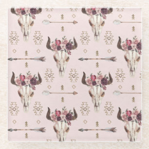 Dessous-de-verre En Verre Flèches et crâne boho, motif aquarelle.