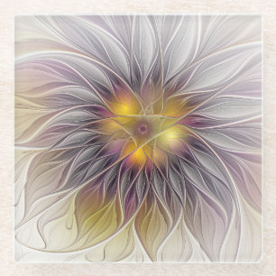 Dessous-de-verre En Verre Fleur colorée lumineuse, fractale moderne abstrait