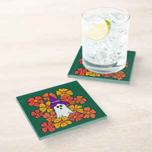 Dessous-de-verre En Verre Fleur d'automne Fantôme d'Halloween