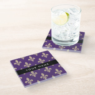 Dessous-de-verre En Verre Fleur de Lis, Beige sur Violet, Royal, Votre Nom