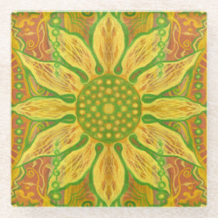 Dessous-de-verre En Verre Fleur de soleil art floral bohème jaune vert orang