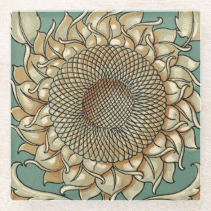 Dessous-de-verre En Verre Fleur de tournesol sur l'arrière - plan bleu-vert