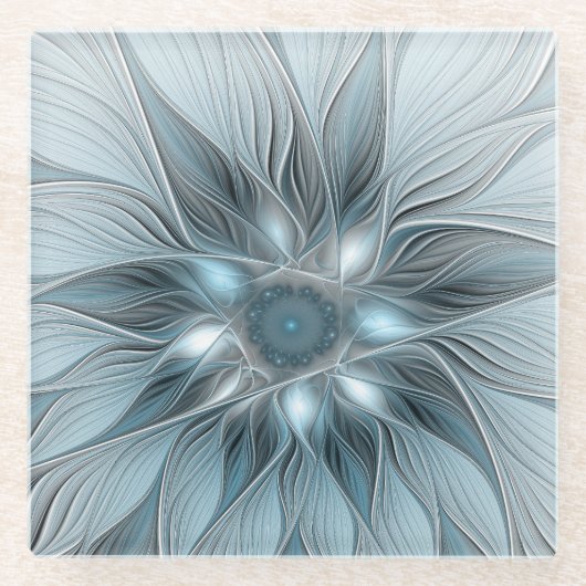 Dessous-de-verre En Verre Fleur Joyeuse Abstrait gris bleu floral Fractal (Devant)