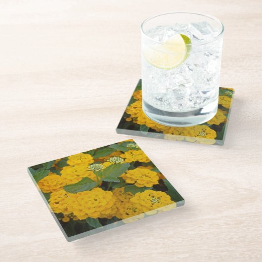 Dessous-de-verre En Verre Fleur Lantana Jaune Lumineuse Fleurit joyeux (Incliné)