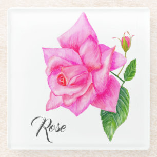Dessous-de-verre En Verre Fleur Rose anglais aquarelle