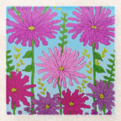 Dessous-de-verre En Verre Fleur rose vif Dessin bleu (Devant)