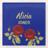 Dessous-de-verre En Verre Fleur rouge et bleu feuille (Devant)