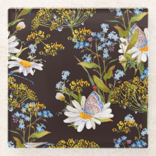 Dessous-de-verre En Verre Fleur sauvage : aquarelle arrière - plan noire