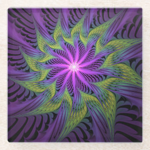 Dessous-de-verre En Verre Fleur verte violette Art fractal abstrait moderne