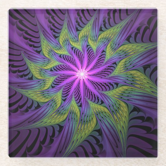 Dessous-de-verre En Verre Fleuron vert violet Art Abstrait fractal moderne (Devant)