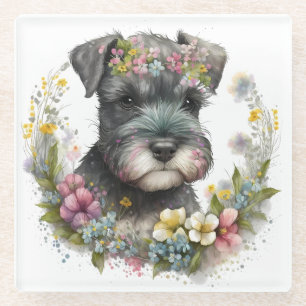 Dessous-de-verre En Verre Fleurs à l'aquarelle et chiot schnauzer