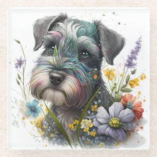 Dessous-de-verre En Verre Fleurs à l'aquarelle et chiot schnauzer