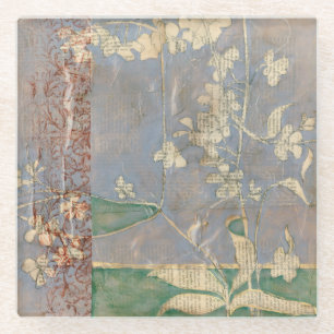 Dessous-de-verre En Verre Fleurs blanches sur Arrière - plan de papier journ