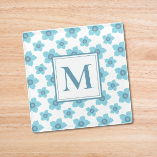 Dessous-de-verre En Verre Fleurs bleues Monogramme initial