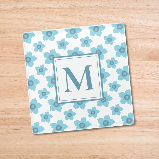 Dessous-de-verre En Verre Fleurs bleues Monogramme initial