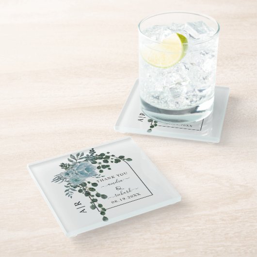 Dessous-de-verre En Verre Fleurs bleues poussiéreuses, arc et mariage monogr (Incliné)