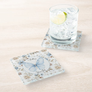 Dessous-de-verre En Verre Fleurs bleues romantiques Papillon Feuilles brunes