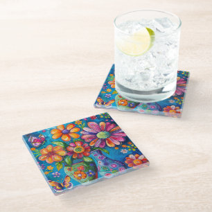 Dessous-de-verre En Verre Fleurs Colorées Brillantes
