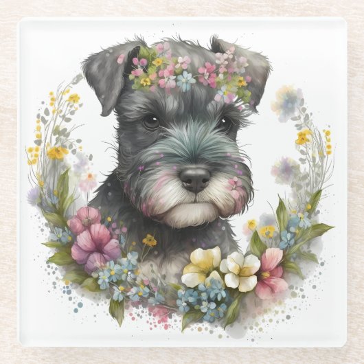 Dessous-de-verre En Verre Fleurs d'aquarelle et chiot Schnauzer (Devant)