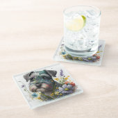 Dessous-de-verre En Verre Fleurs d'aquarelle et chiot Schnauzer (Incliné)