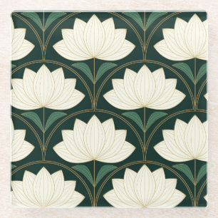 Dessous-de-verre En Verre Fleurs de lotus Art Déco sur motif d'éventails dor