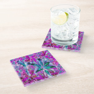 Dessous-de-verre En Verre Fleurs de lys orientales abstraites aqua et violet