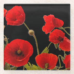 Dessous-de-verre En Verre Fleurs de pavot rouge floral Arrière - plan noir c