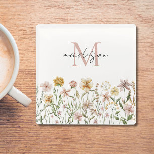 Dessous-de-verre En Verre Fleurs de Prairie Fleurie Aquarelle Monogrammée