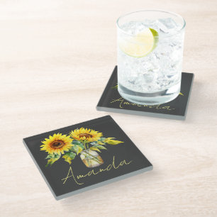 Dessous-de-verre En Verre Fleurs de soleil Jaunes Lumineuses Sur Nom Minimal