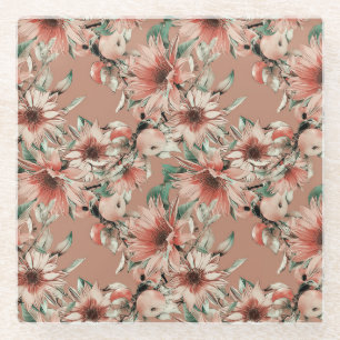 Dessous-de-verre En Verre Fleurs de soleil, pommes : motif d'aquarelle d'aut