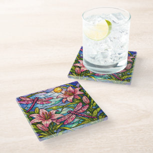 Dessous-de-verre En Verre Fleurs de verre teinté de lys et de libellules ros