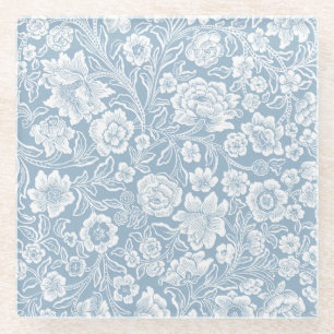 Dessous-de-verre En Verre Fleurs dessinées à la main, Art botanique bleu gri