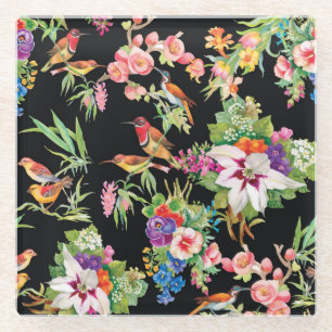 Dessous-de-verre En Verre Fleurs d'oiseaux sauvages : Noir Vintage